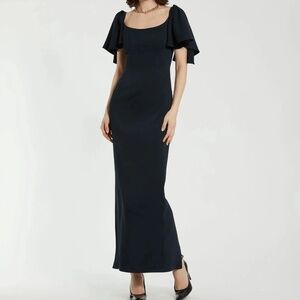 Mac Duggal Crepe Fitted Column Dress With Short Ruffle Sleeves